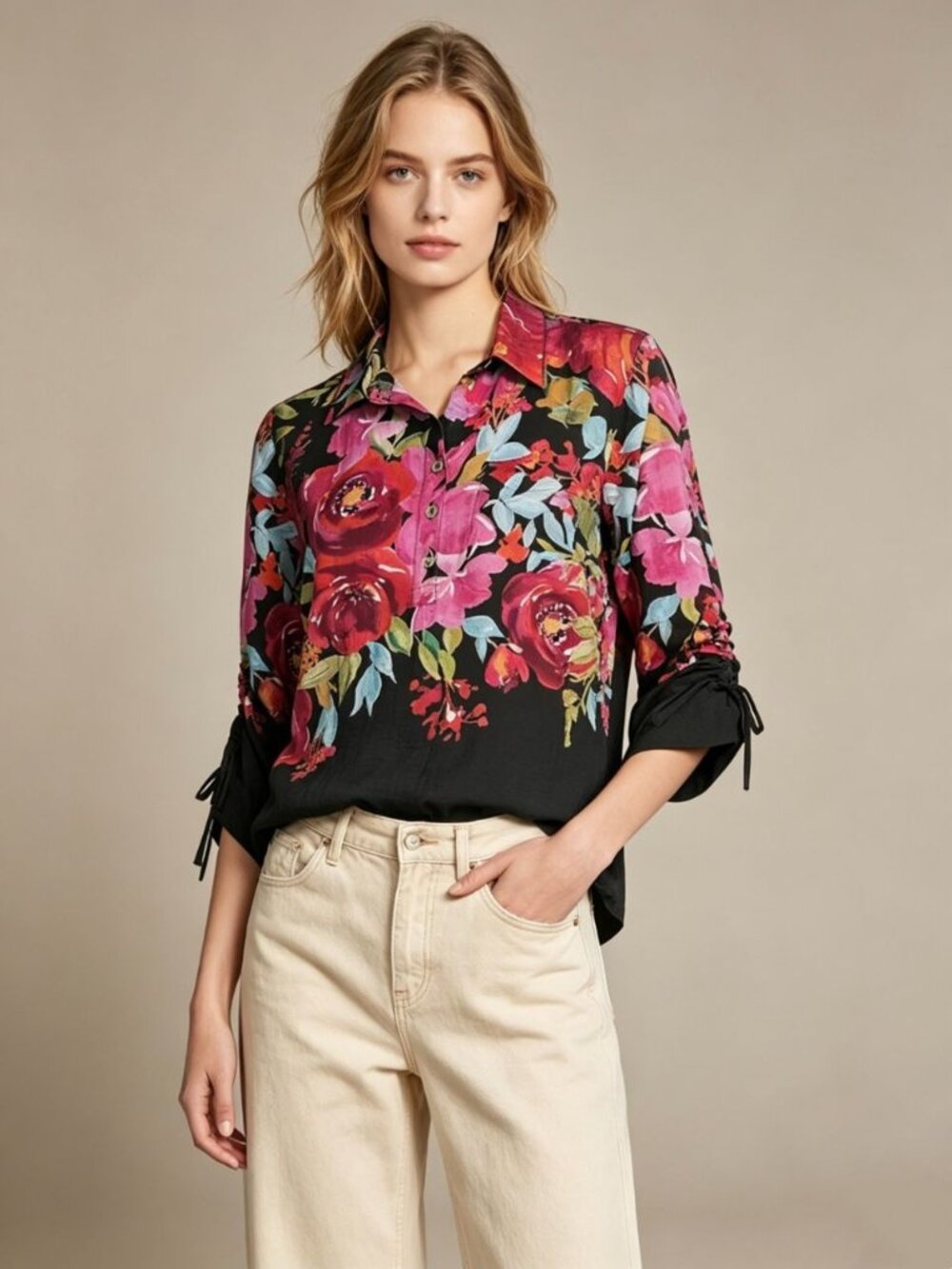 NWOT John Mark Floral Border 3/4 Cinch Tie Sleeve Top Blouse Shirt Size M